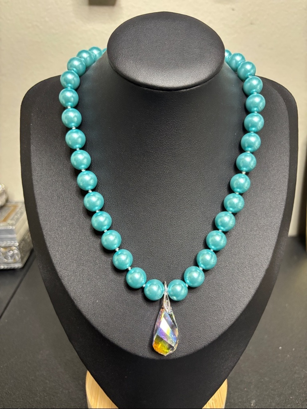 Unique Blue Faux Pear Beaded Crystal Teardrop Pendant Fairy Necklace Vintage